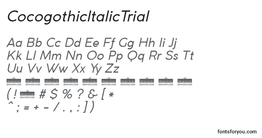 Czcionka CocogothicItalicTrial – alfabet, cyfry, specjalne znaki