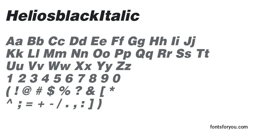 A fonte HeliosblackItalic – alfabeto, números, caracteres especiais