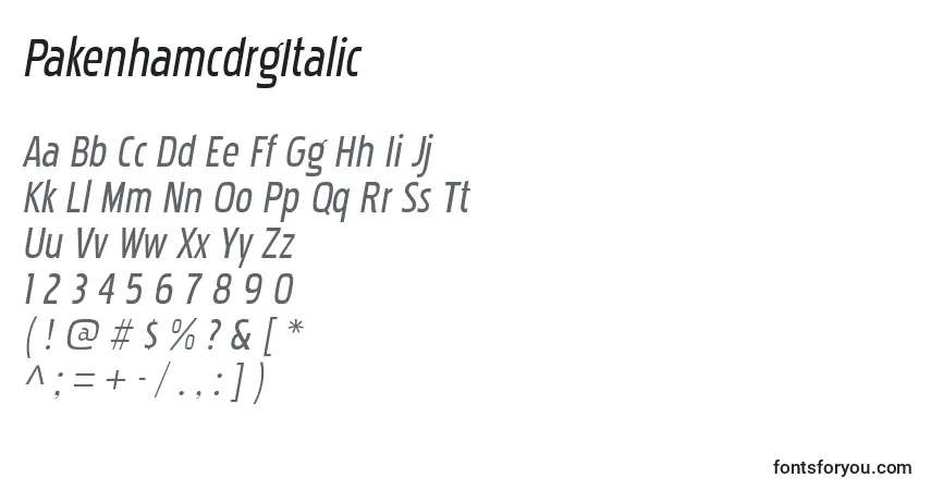 Czcionka PakenhamcdrgItalic – alfabet, cyfry, specjalne znaki