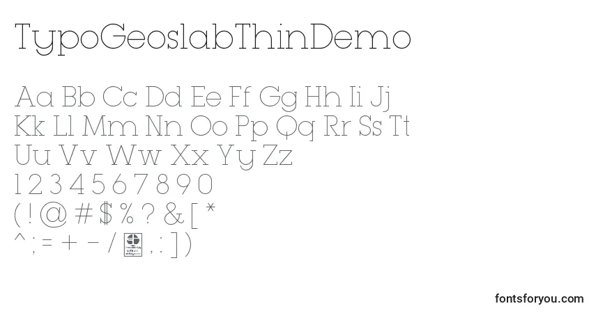 Schriftart TypoGeoslabThinDemo – Alphabet, Zahlen, spezielle Symbole