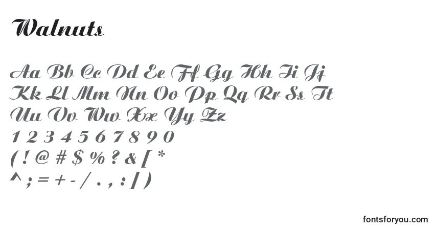 Czcionka Walnuts – alfabet, cyfry, specjalne znaki