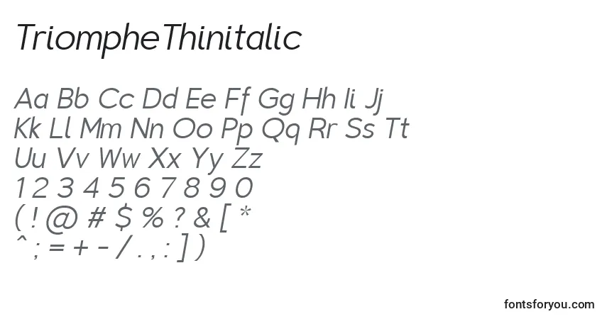 Шрифт TriompheThinitalic – алфавит, цифры, специальные символы