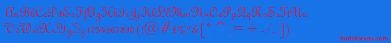 TypoUprightBt-Schriftart – Rote Schriften auf blauem Hintergrund