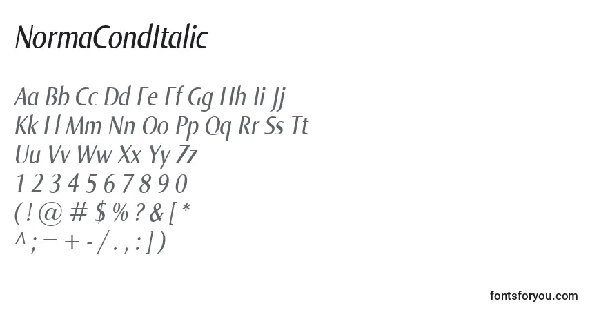 Schriftart NormaCondItalic – Alphabet, Zahlen, spezielle Symbole