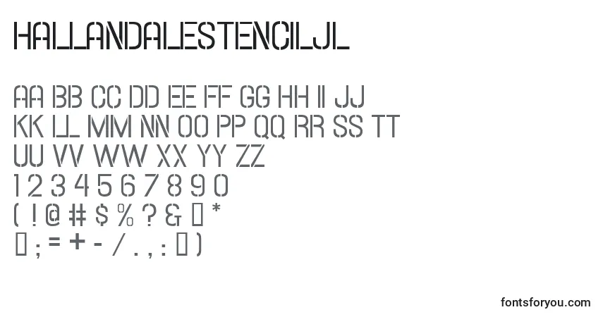 Czcionka HallandaleStencilJl – alfabet, cyfry, specjalne znaki