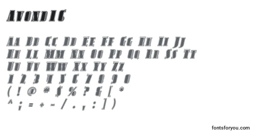 Czcionka Avond16 – alfabet, cyfry, specjalne znaki