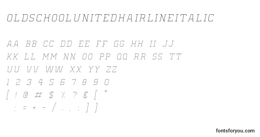 OldSchoolUnitedHairlineItalicフォント–アルファベット、数字、特殊文字