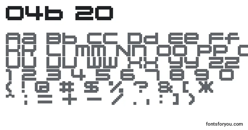 Czcionka 04b 20  – alfabet, cyfry, specjalne znaki