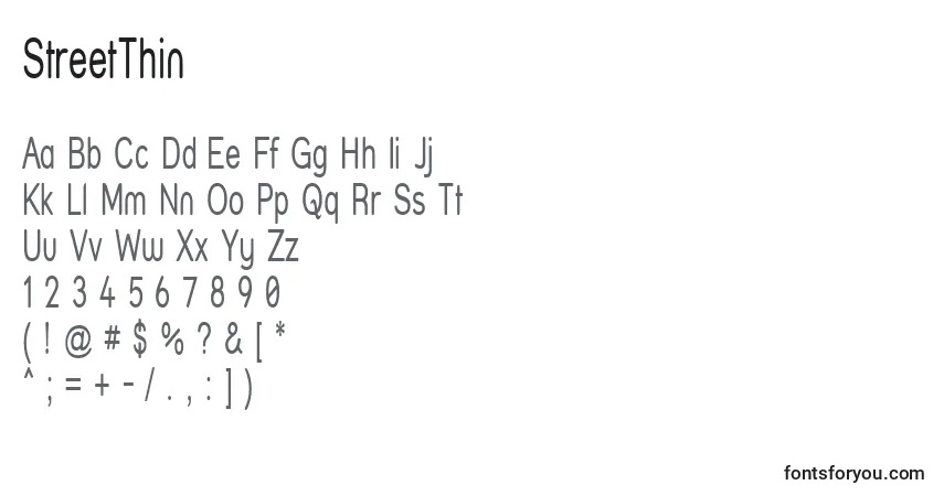 Czcionka StreetThin – alfabet, cyfry, specjalne znaki