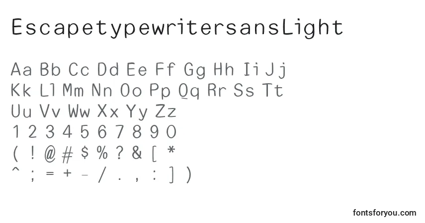 A fonte EscapetypewritersansLight – alfabeto, números, caracteres especiais