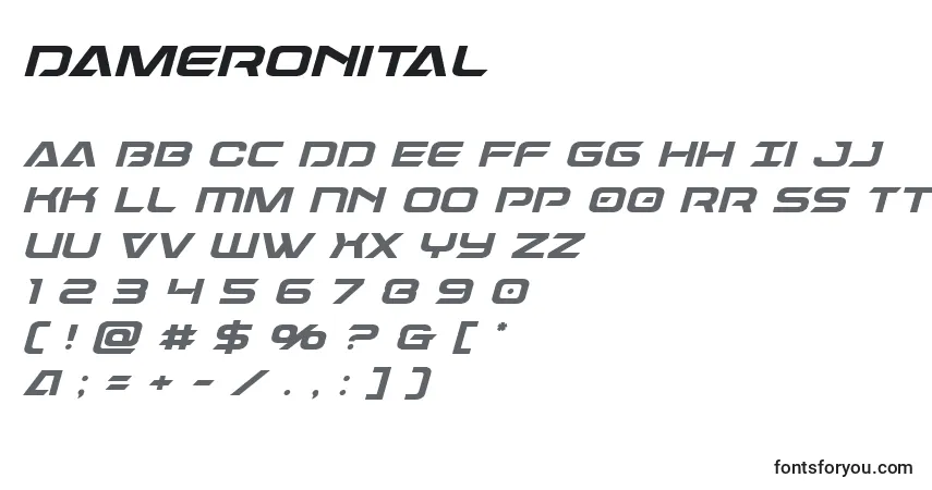 Czcionka Dameronital – alfabet, cyfry, specjalne znaki