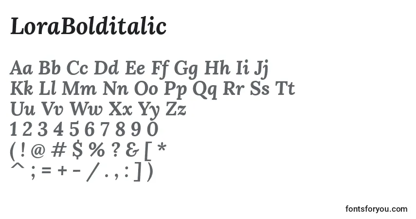 A fonte LoraBolditalic – alfabeto, números, caracteres especiais