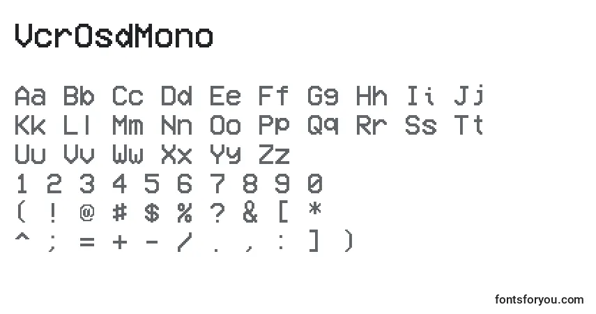 Czcionka VcrOsdMono – alfabet, cyfry, specjalne znaki