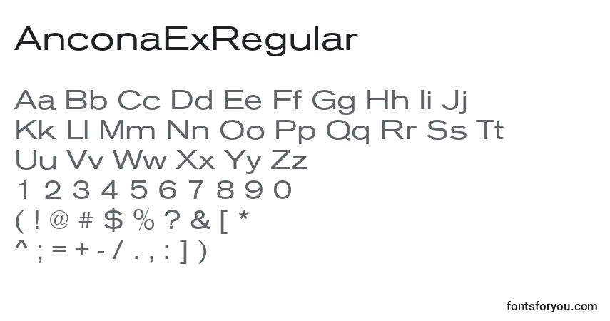Czcionka AnconaExRegular – alfabet, cyfry, specjalne znaki
