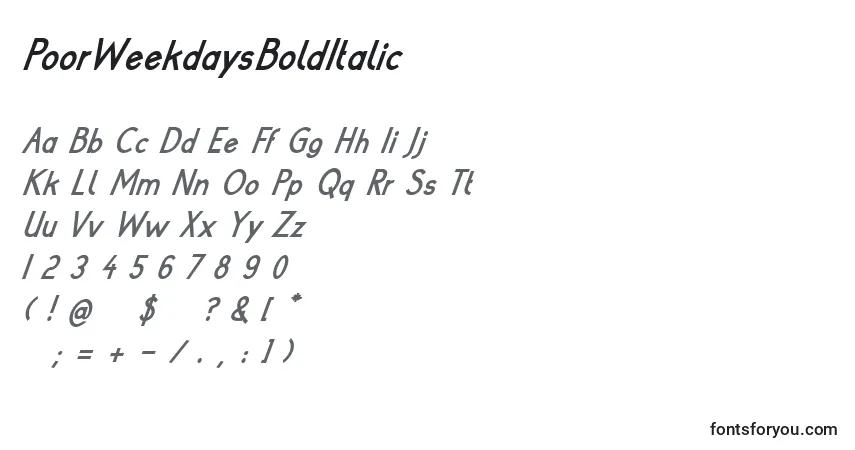 A fonte PoorWeekdaysBoldItalic – alfabeto, números, caracteres especiais