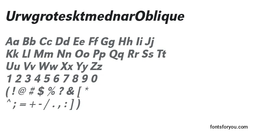Czcionka UrwgrotesktmednarOblique – alfabet, cyfry, specjalne znaki