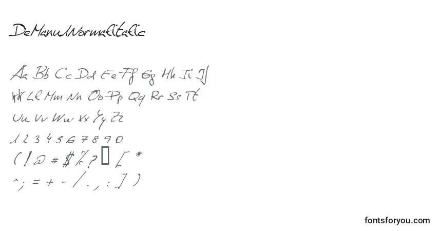Schriftart DeManu1Normalitalic – Alphabet, Zahlen, spezielle Symbole