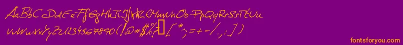 DeManu1Normalitalic-fontti – oranssit fontit violetilla taustalla