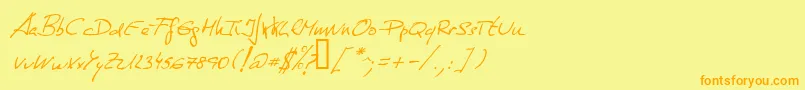フォントDeManu1Normalitalic – オレンジの文字が黄色の背景にあります。