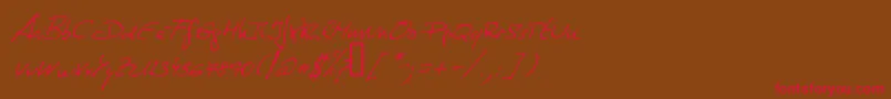 DeManu1Normalitalic-Schriftart – Rote Schriften auf braunem Hintergrund