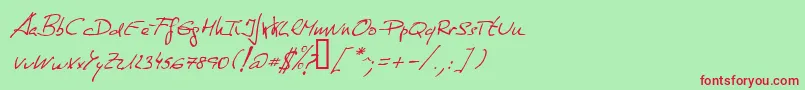 DeManu1Normalitalic-Schriftart – Rote Schriften auf grünem Hintergrund
