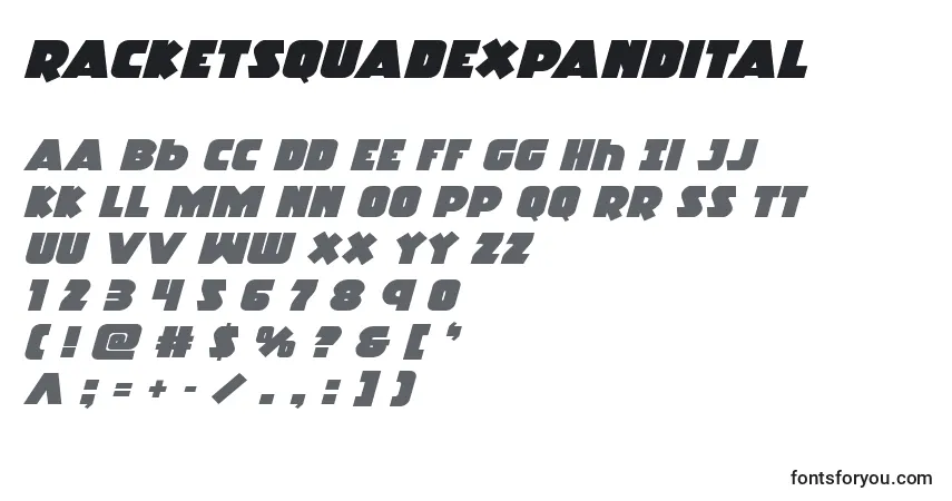 A fonte Racketsquadexpandital – alfabeto, números, caracteres especiais