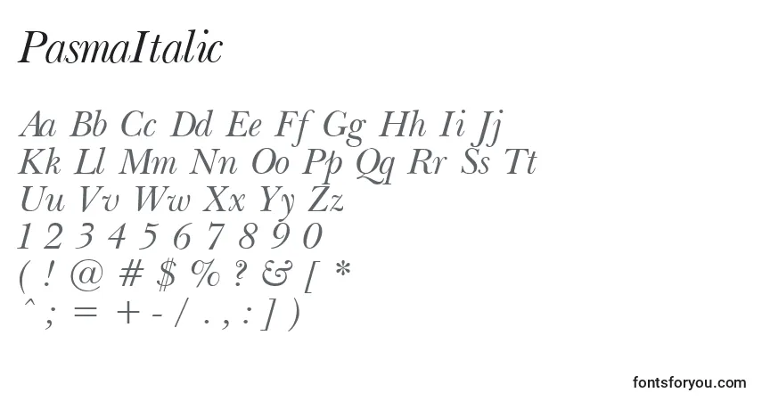 Schriftart PasmaItalic – Alphabet, Zahlen, spezielle Symbole
