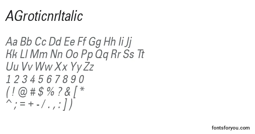 Czcionka AGroticnrItalic – alfabet, cyfry, specjalne znaki