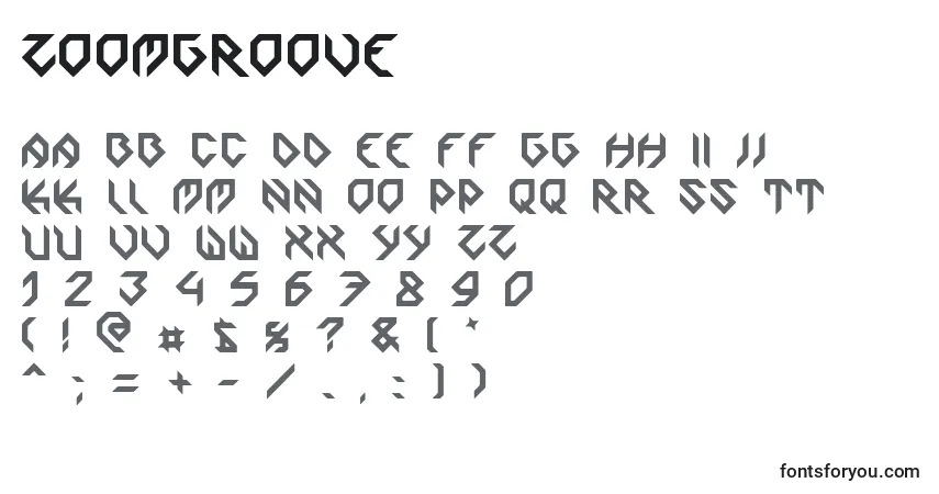Czcionka Zoomgroove – alfabet, cyfry, specjalne znaki