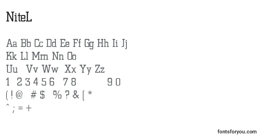 A fonte NiteLightLight – alfabeto, números, caracteres especiais