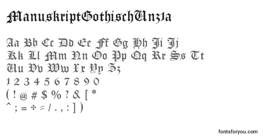 Czcionka ManuskriptGothischUnz1a – alfabet, cyfry, specjalne znaki