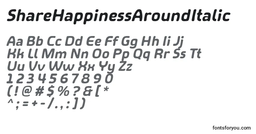 Шрифт ShareHappinessAroundItalic – алфавит, цифры, специальные символы