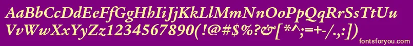 フォントLegacyserifstdBolditalic – 紫の背景に黄色のフォント