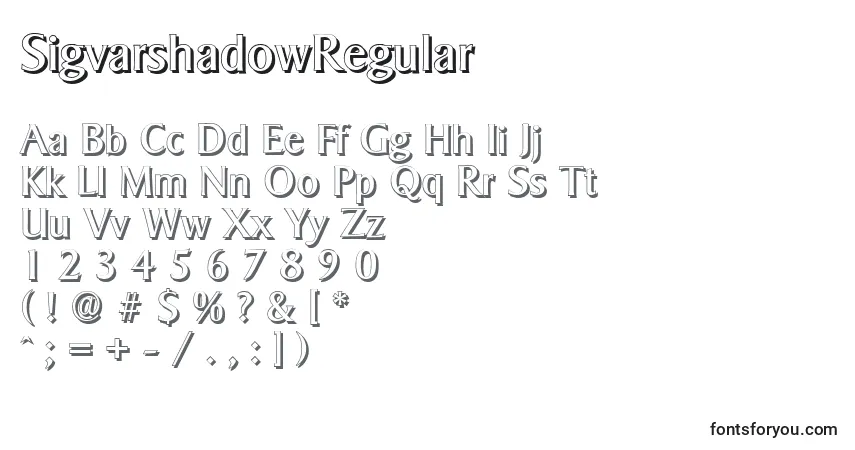 A fonte SigvarshadowRegular – alfabeto, números, caracteres especiais