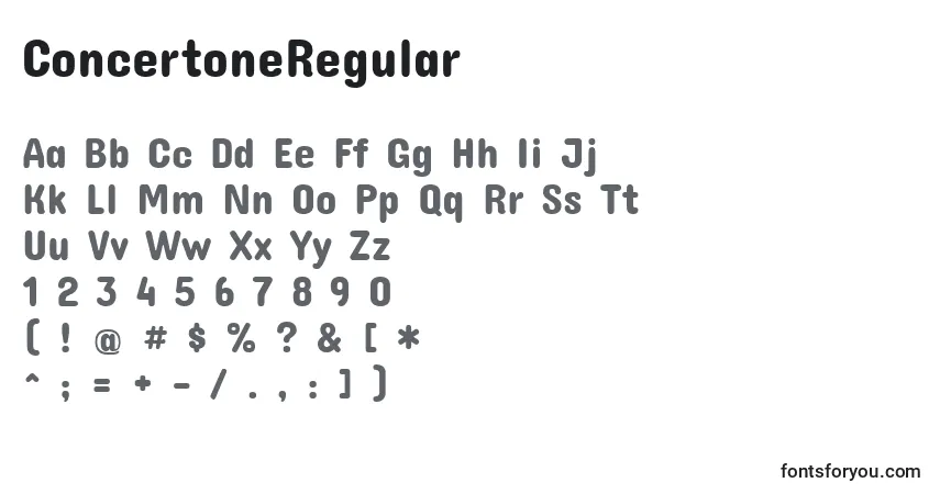 A fonte ConcertoneRegular – alfabeto, números, caracteres especiais