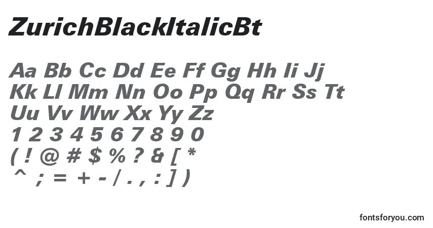 Шрифт ZurichBlackItalicBt – алфавит, цифры, специальные символы