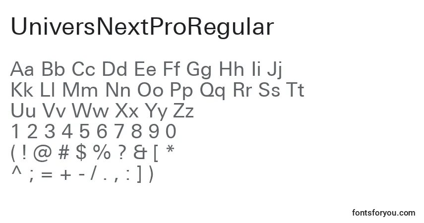 UniversNextProRegular-fontti – aakkoset, numerot, erikoismerkit