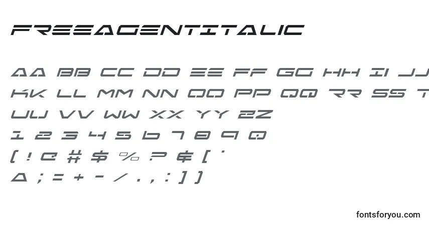 Czcionka FreeAgentItalic – alfabet, cyfry, specjalne znaki