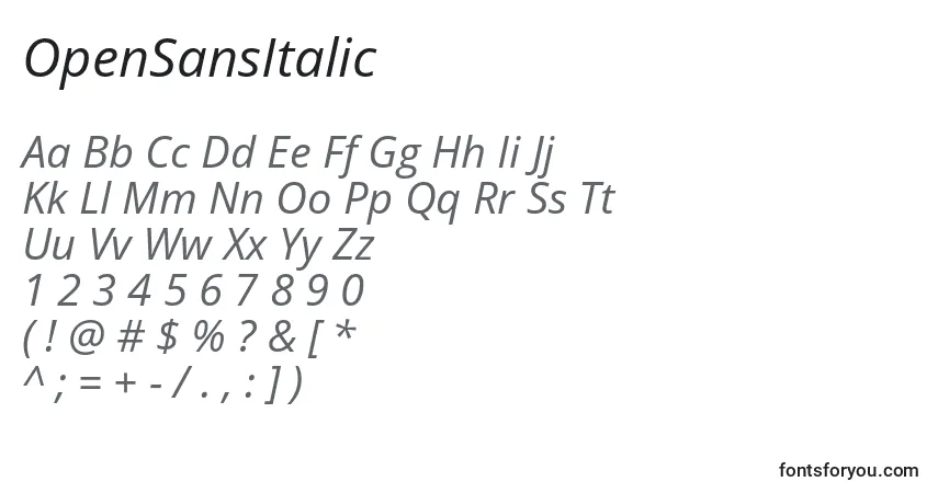 Czcionka OpenSansItalic – alfabet, cyfry, specjalne znaki