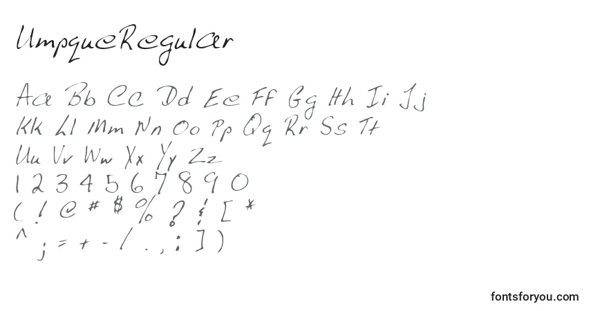 Czcionka UmpqueRegular – alfabet, cyfry, specjalne znaki