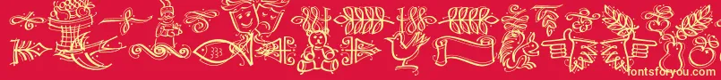 フォントDfcalligraphicornament – 黄色の文字、赤い背景