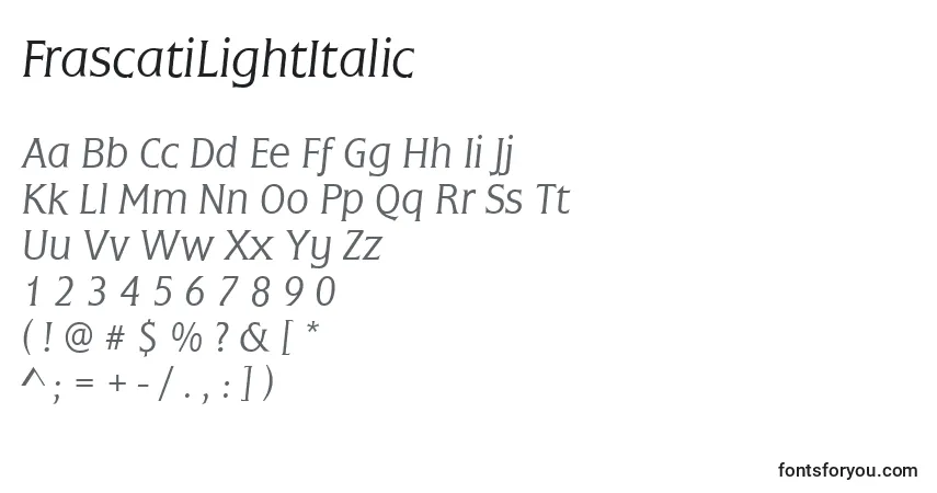 Czcionka FrascatiLightItalic – alfabet, cyfry, specjalne znaki