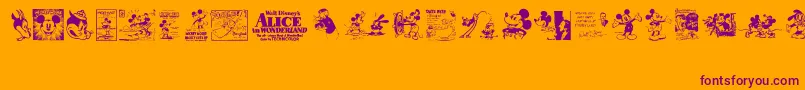 Weitere Informationen zur VintageClassicsDisney-Schriftart VintageClassicsDisney-Schriftart – Violette Schriften auf orangefarbenem Hintergrund