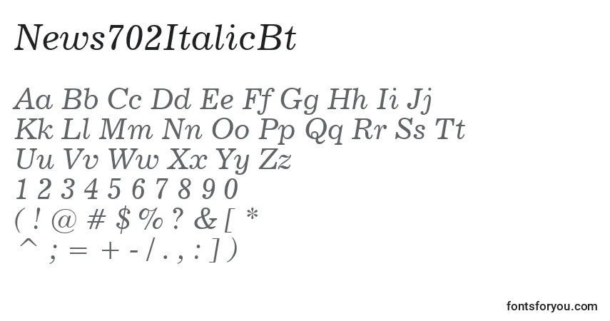 A fonte News702ItalicBt – alfabeto, números, caracteres especiais