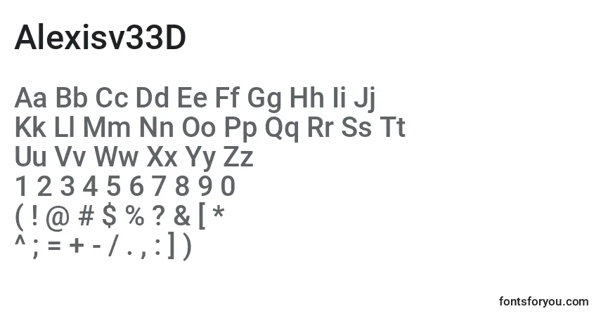 Czcionka Alexisv33D – alfabet, cyfry, specjalne znaki