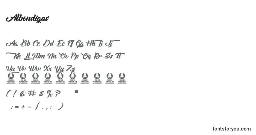 Czcionka Albondigas – alfabet, cyfry, specjalne znaki