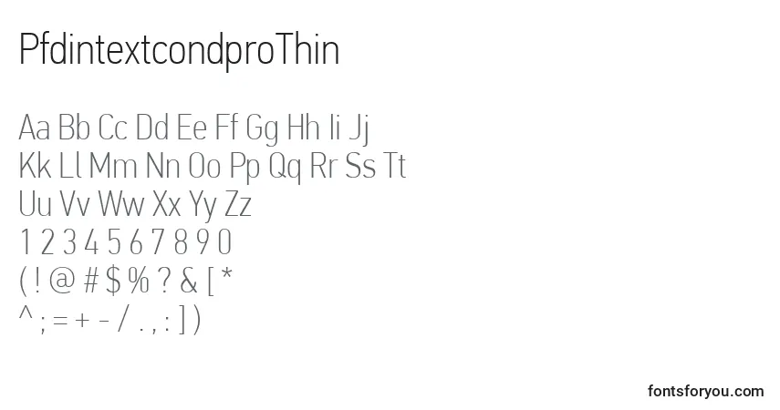 A fonte PfdintextcondproThin – alfabeto, números, caracteres especiais