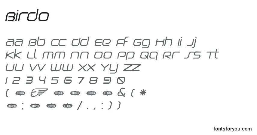 Schriftart Birdo – Alphabet, Zahlen, spezielle Symbole