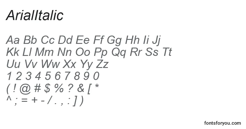 Fuente ArialItalic - alfabeto, números, caracteres especiales
