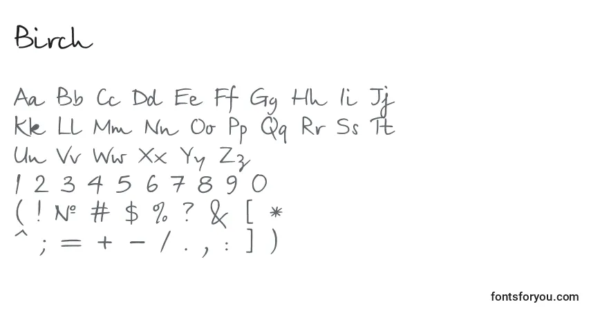 A fonte Birch – alfabeto, números, caracteres especiais